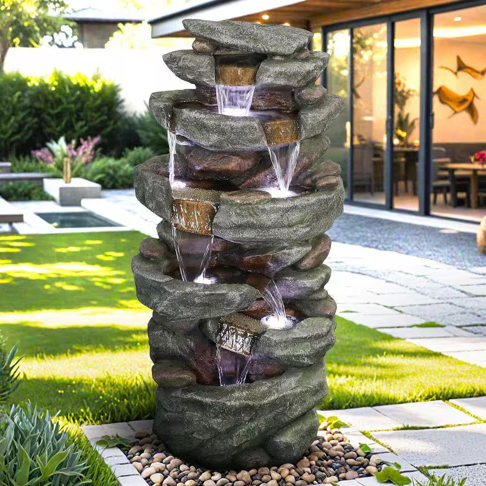 40. 5In. Outdoor Waterfall Fountain 6-Tiered Cascading Relaxation Garden Fountain W/Led Lights for Home and Office Decor