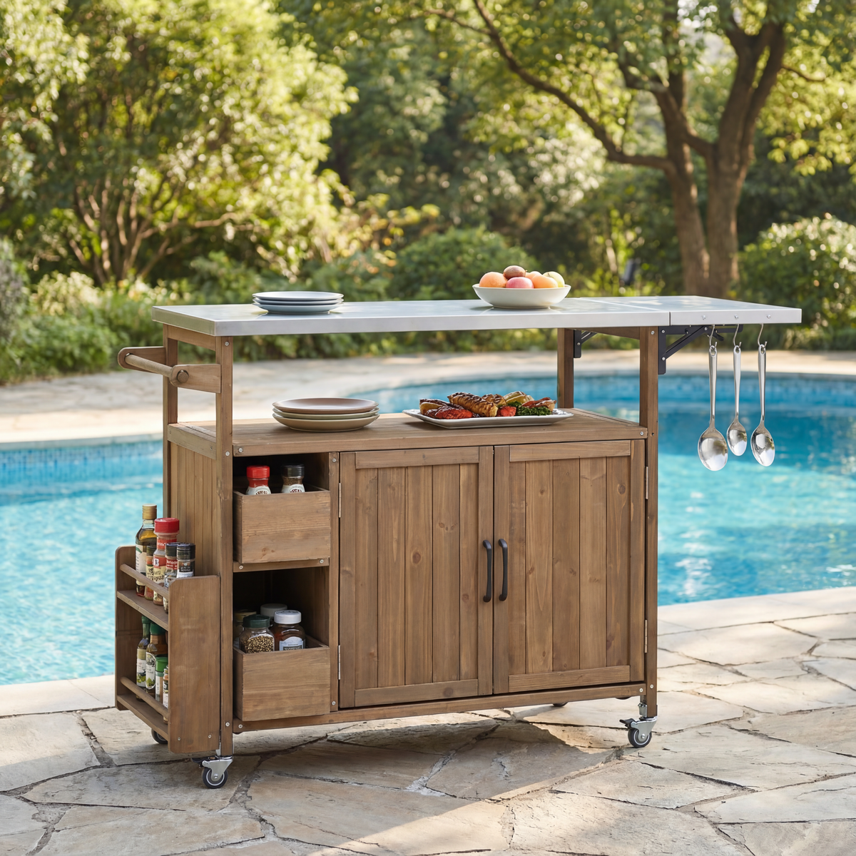 Farmhouse Rolling Outdoor Kitchen Cart with Stainless Steel Top - Natural Wood