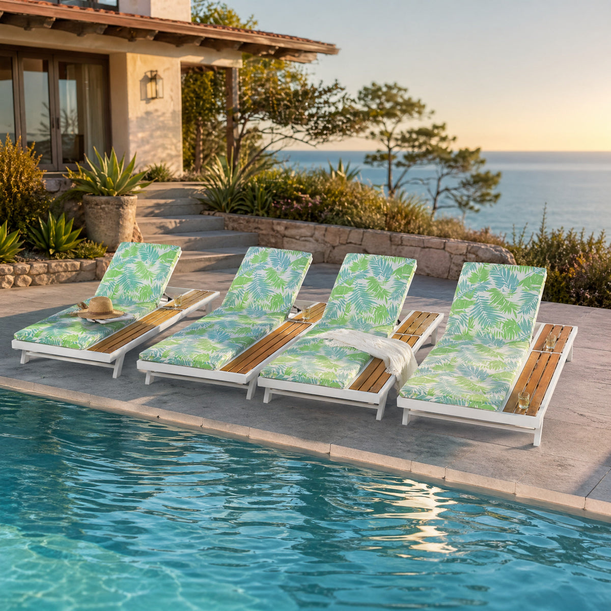 White Iron and Teak Finish Outdoor Chaise Lounge Set