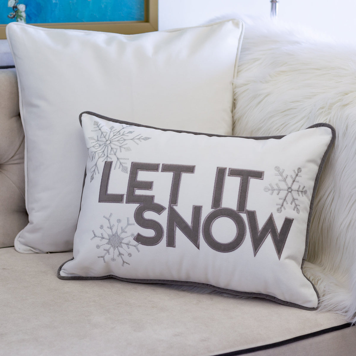 Nneka Let It Snow White Velvet Lumbar Pillow with Embroidery - 14x20