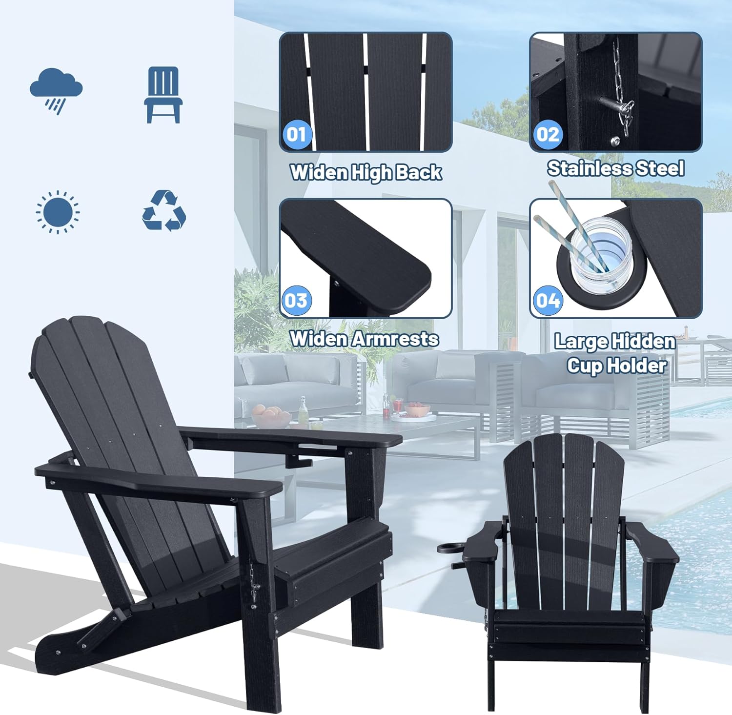 Adirondack Chairs Set of 2, Plastic HDPE Folding Outdoor Chairs with Cup Holder