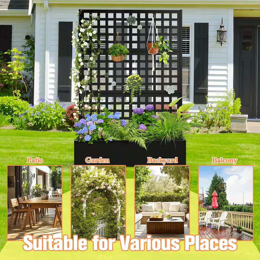 47 In.L X 16 In.W X 71 In.H Metal Raised Garden Planter Box W/Trellis-Black Rectangle Pot for Climbing Plants, Cucumbers