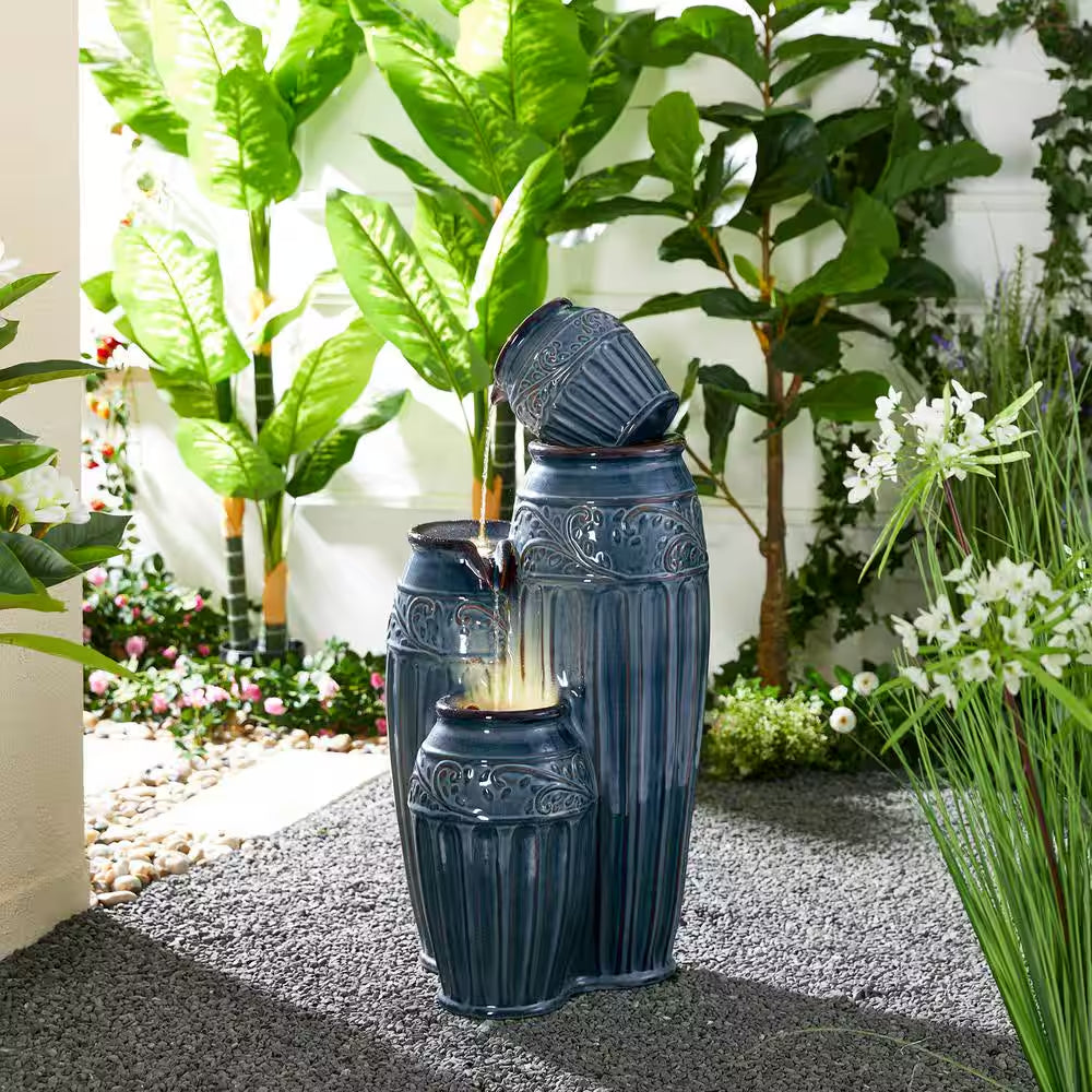 35.5 In. H Outdoor Oversized 4-Tiered Turquoise Embossed Pattern Ceramic Pots Floor Fountain with Pump and LED Light