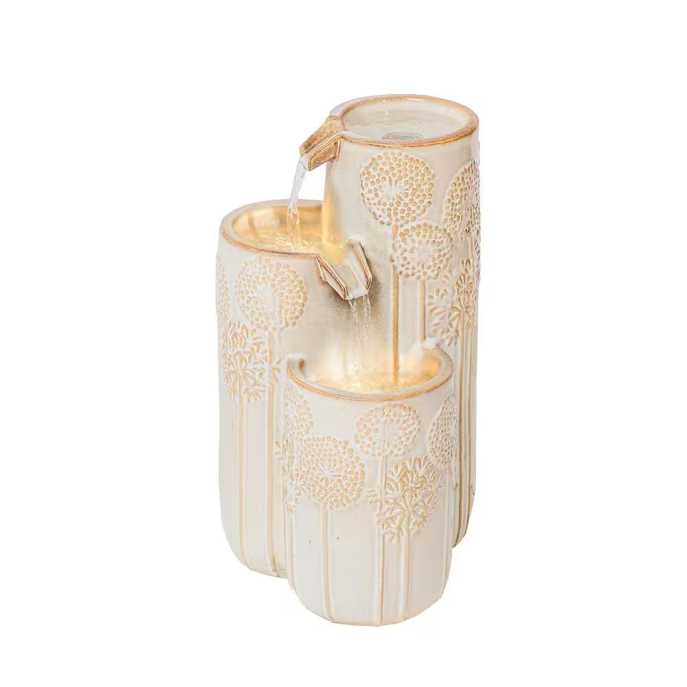 25 In. H Freestanding Cascadian Outdoor Garden Fountain W/Flower Details and Warm LED Lights, Ceramic, Beige