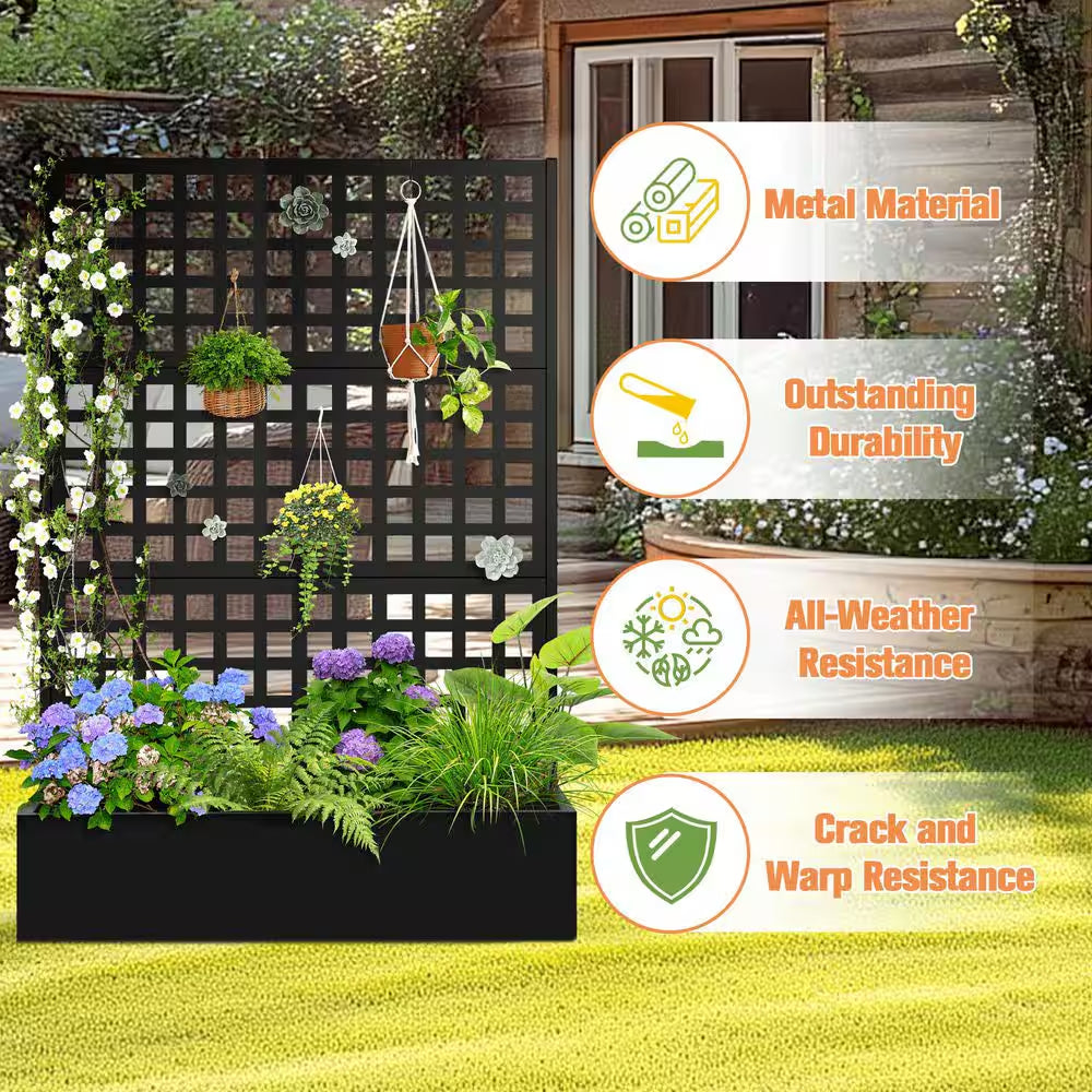 47" L X 16" W X 71" H Metal Raised Garden Planter Box with Trellis-Black Rectangle Pot for Climbing Plants, Cucumbers