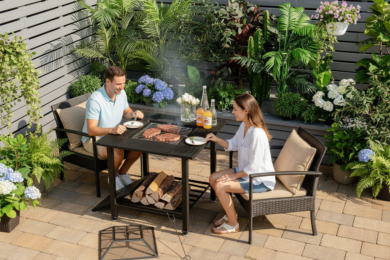 31 Inch Outdoor Fire Pit Dining Table with Cooking BBQ Grate