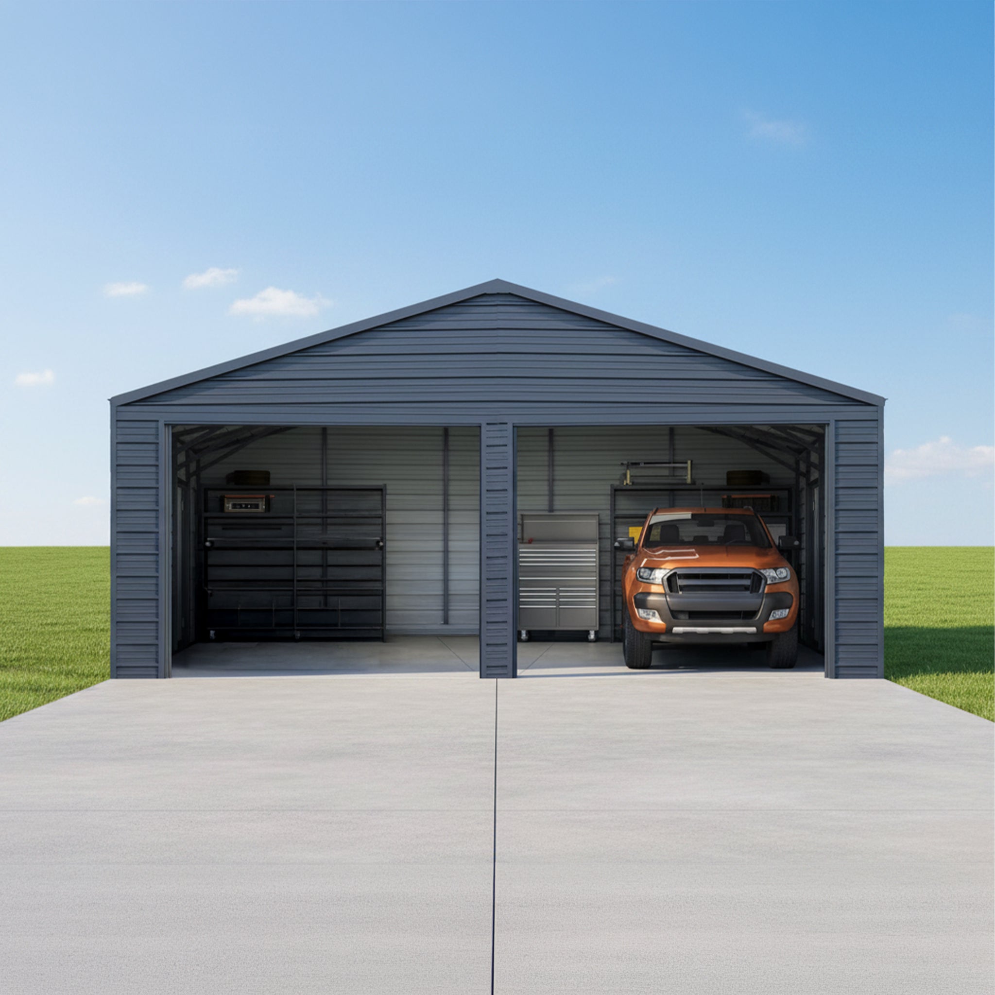 Heavy-Duty Double Garage Galvanized Steel Shed With Side Door
