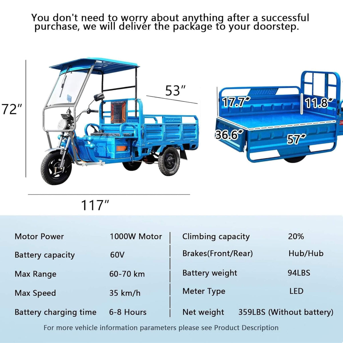 Heavy-Duty 1000W Electric Cargo Tricycle With Canopy