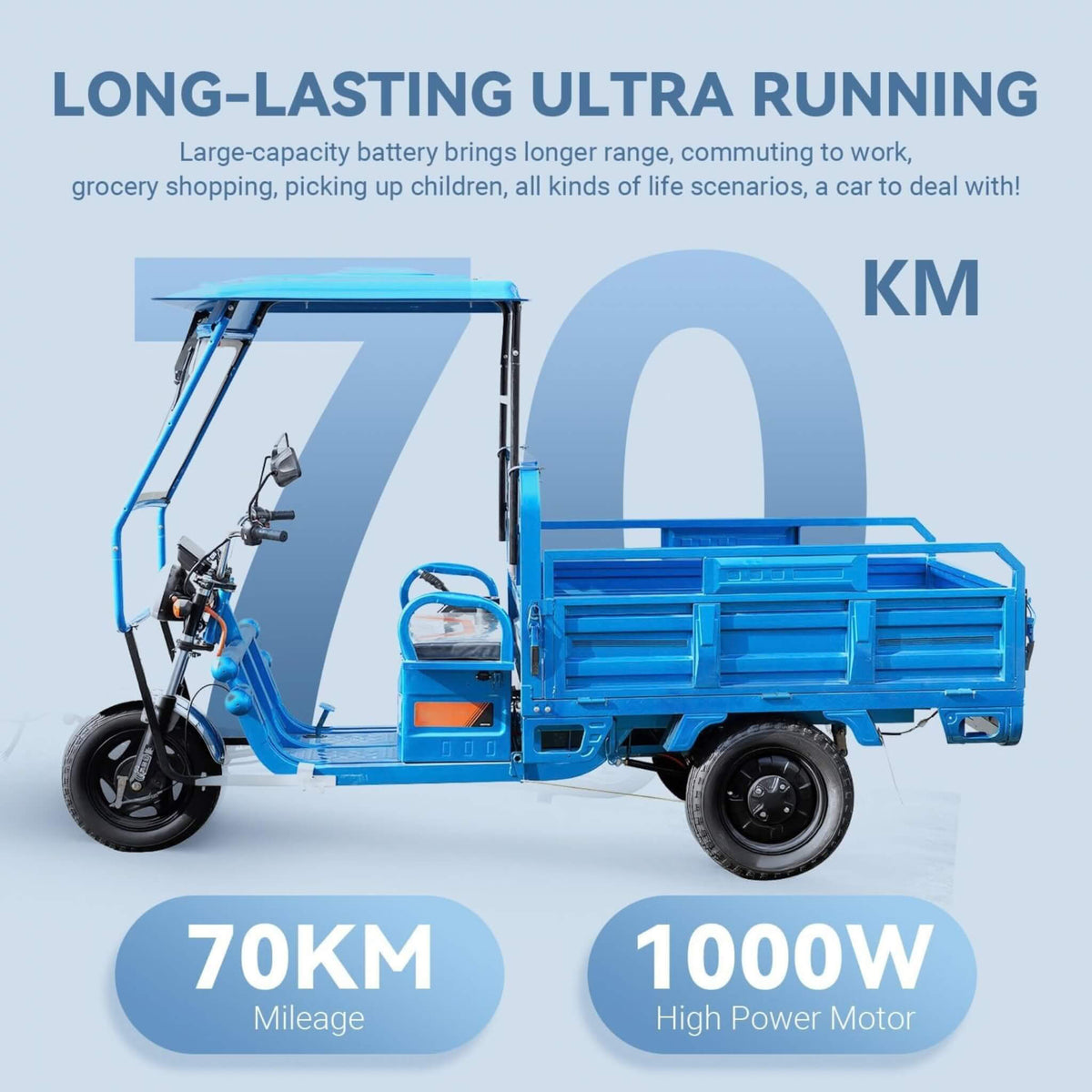 Heavy-Duty 1000W Electric Cargo Tricycle With Canopy