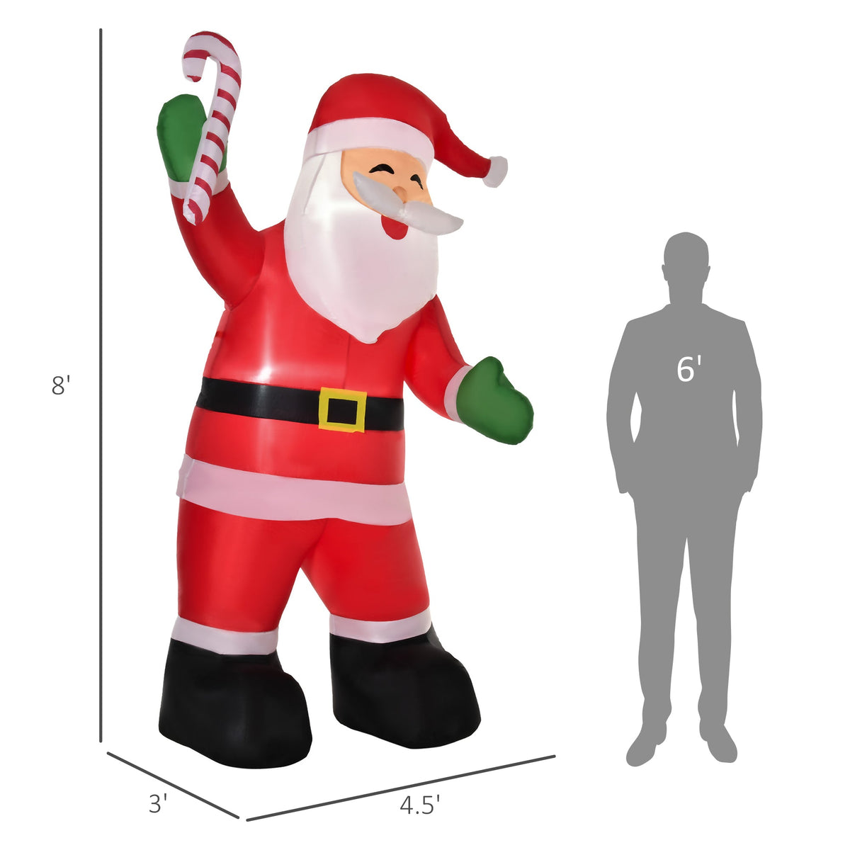 HOMCOM 8' Christmas Inflatable Santa Claus with Candy Cane, Outdoor Blow-Up Yard Decoration with LED Lights Display