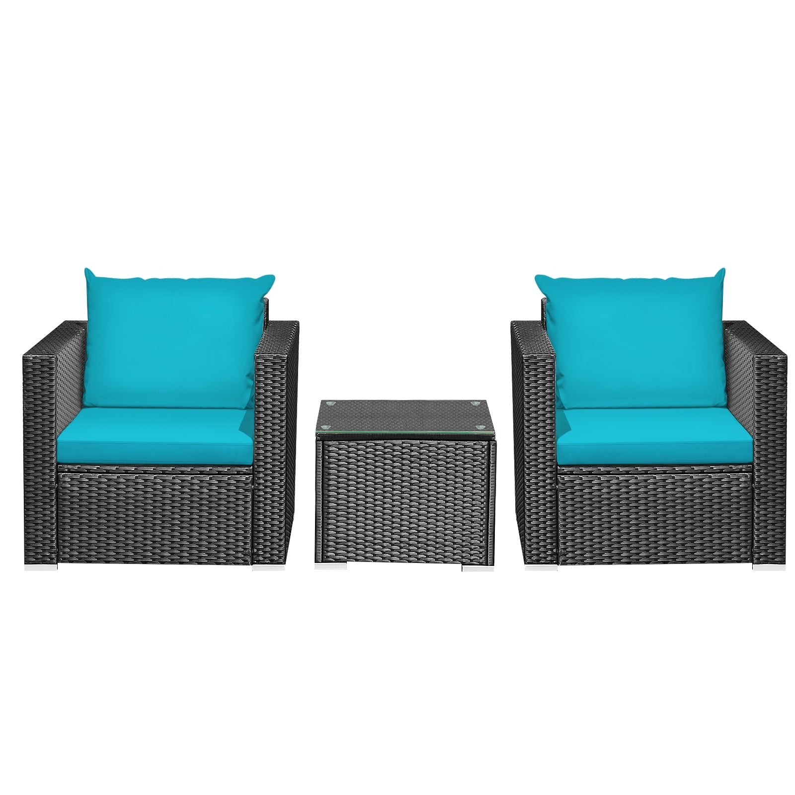 3 Pieces Patio Wicker Conversation Set with Cushion-Turquoise