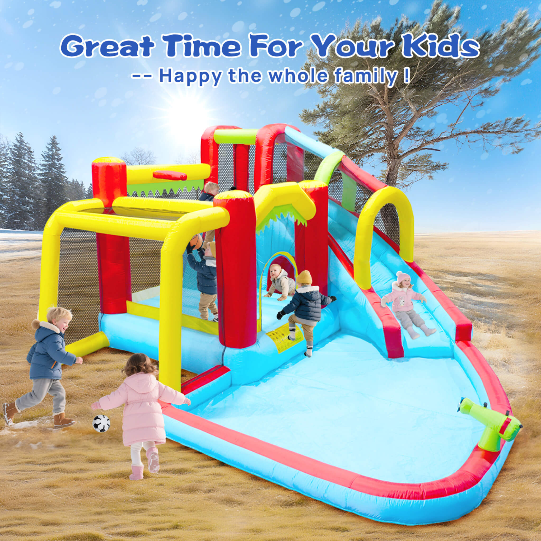 Large 7-In-1 Inflatable Water Slide Bouncer Pool With Climbing Wall