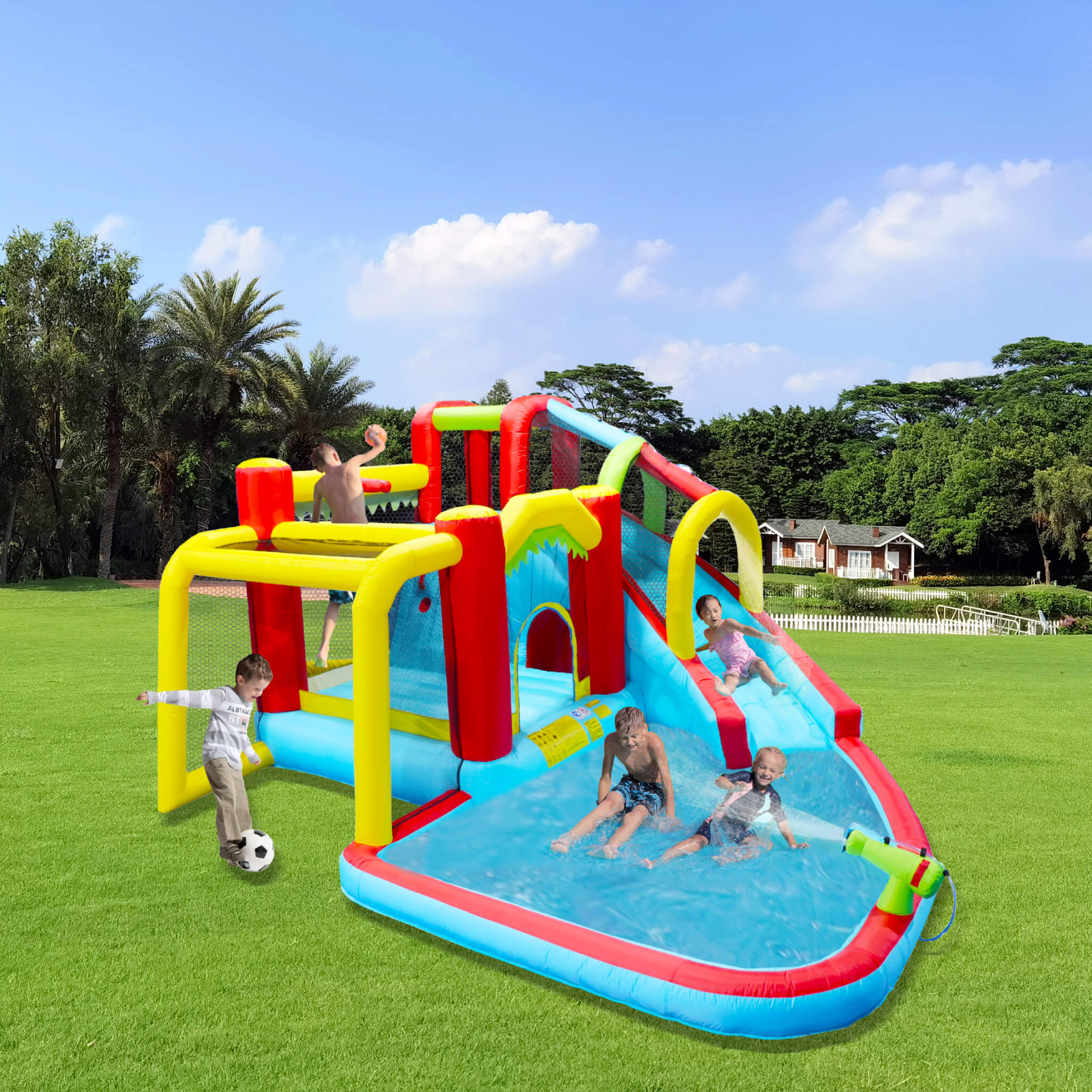 Large 7-In-1 Inflatable Water Slide Bouncer Pool With Climbing Wall