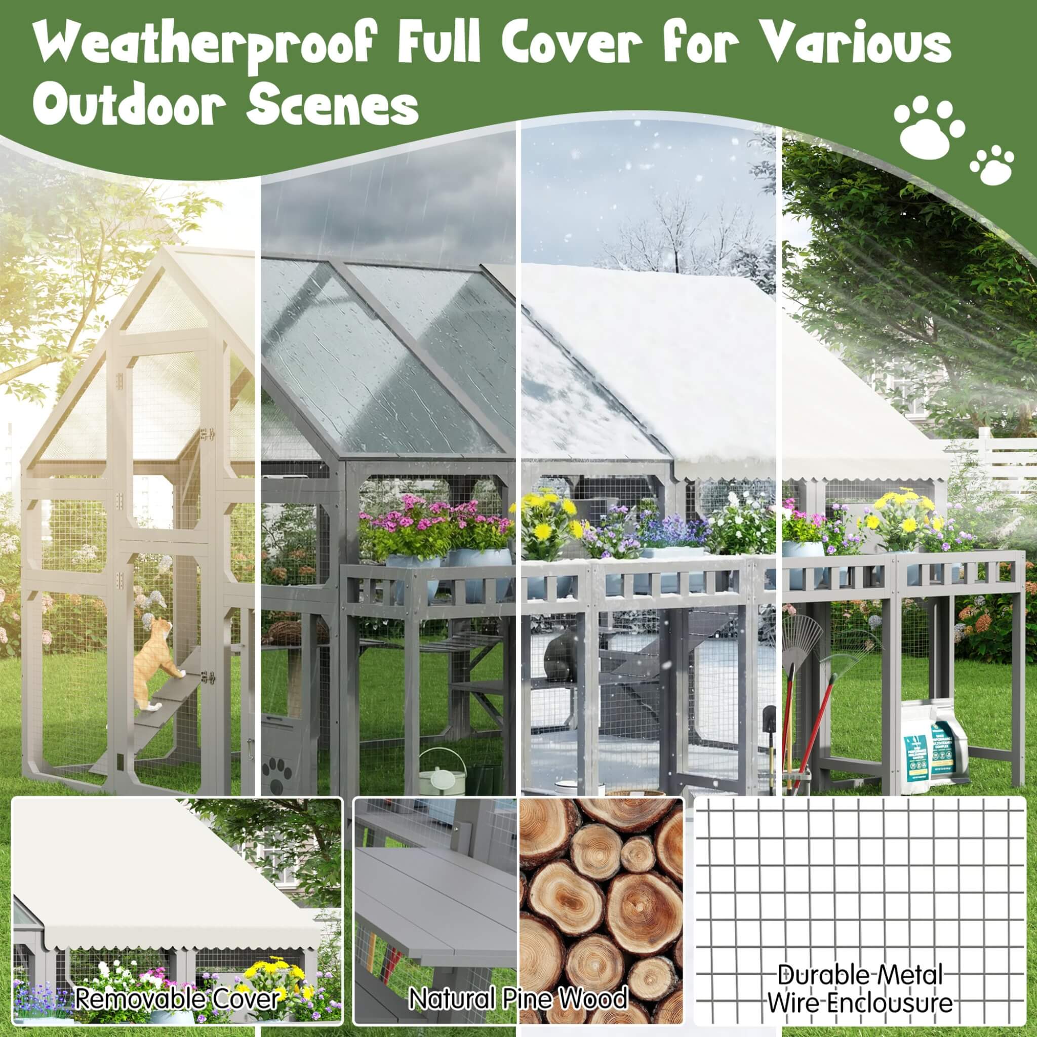 Large 94-Inch Outdoor Wooden Cat House With Planter & Walk-In Catio