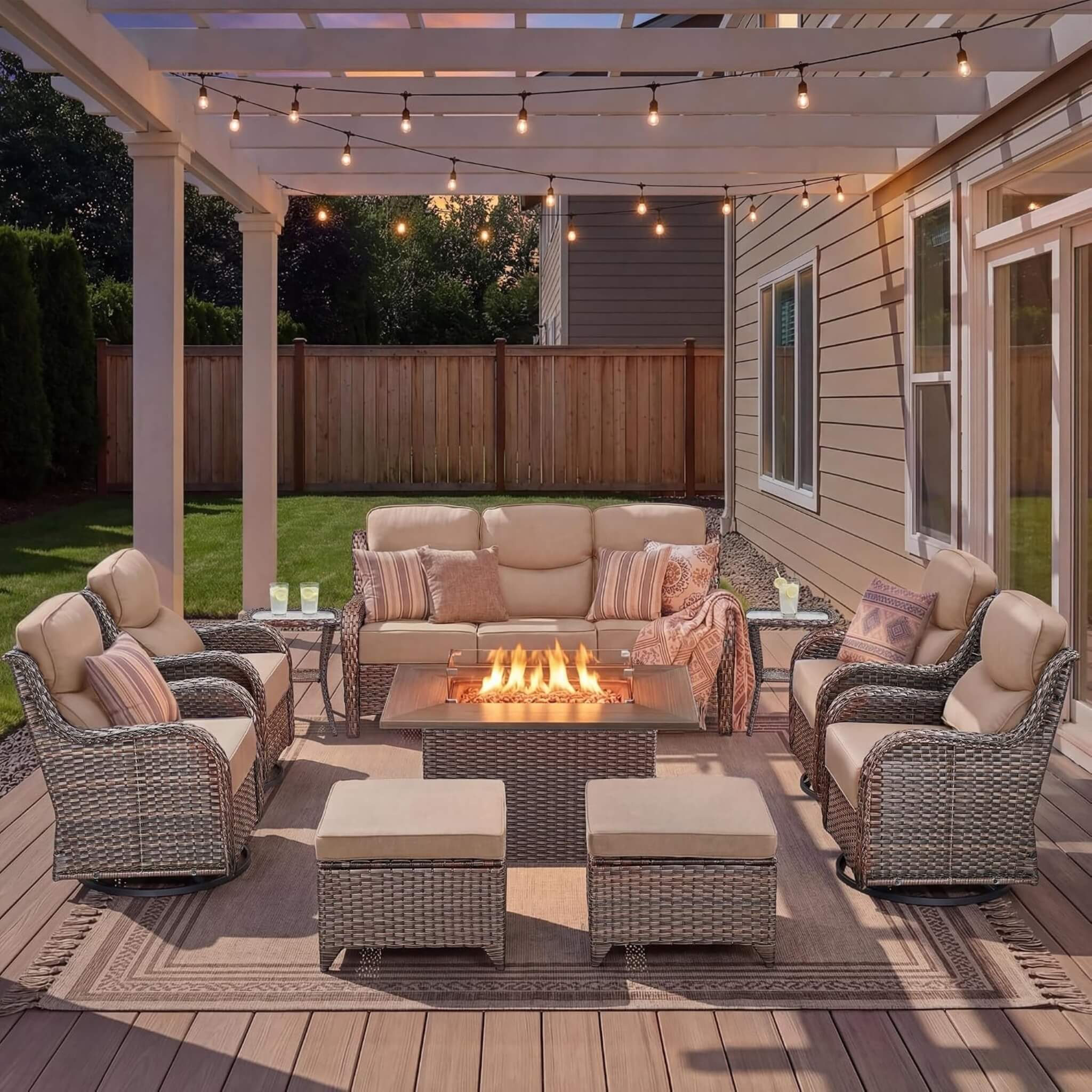 Alora Luxury 10-Piece All-Weather Outdoor Patio Furniture Set With Fire Pit Table