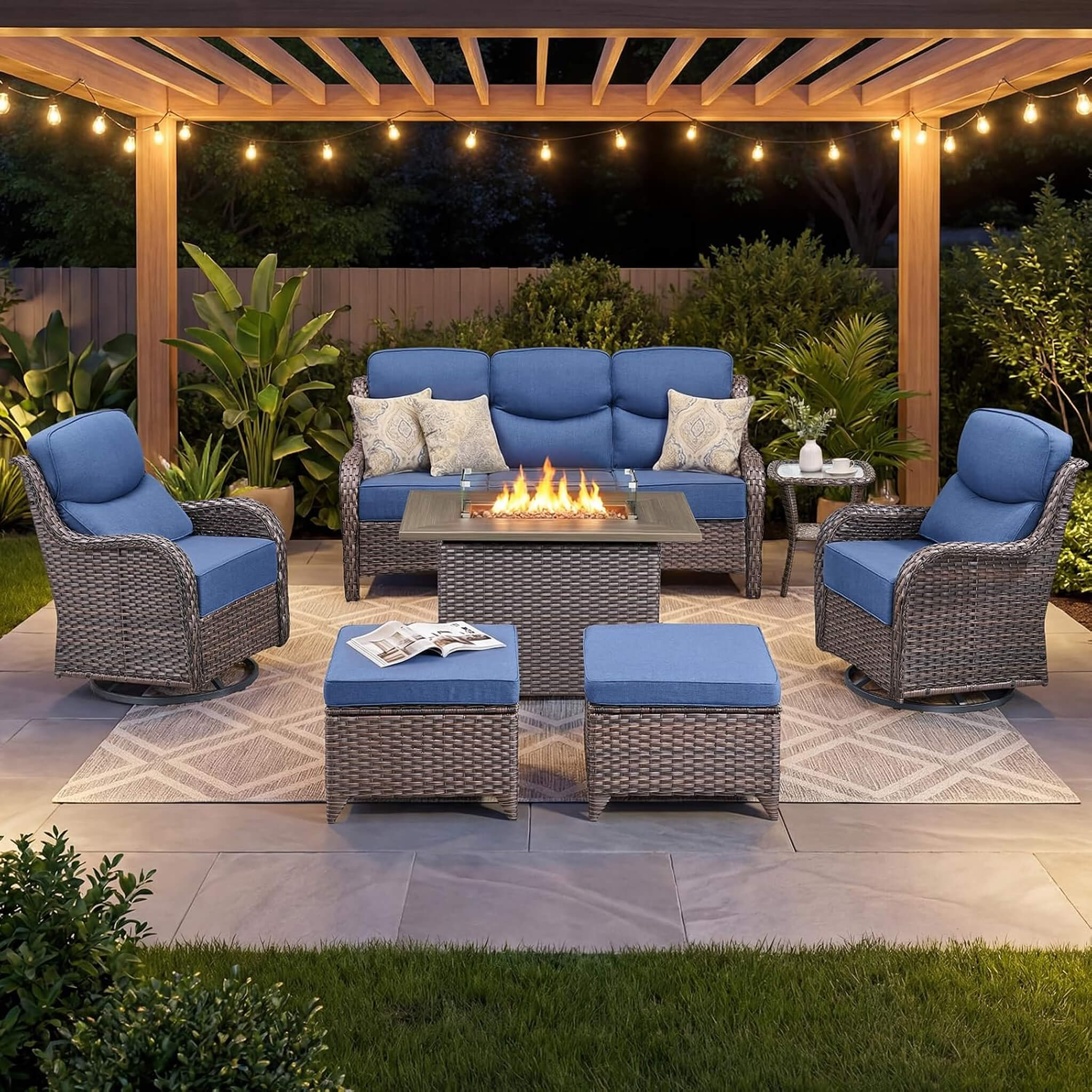 Alora Luxury 7-Piece Outdoor Patio Furniture Set With Fire Pit Table