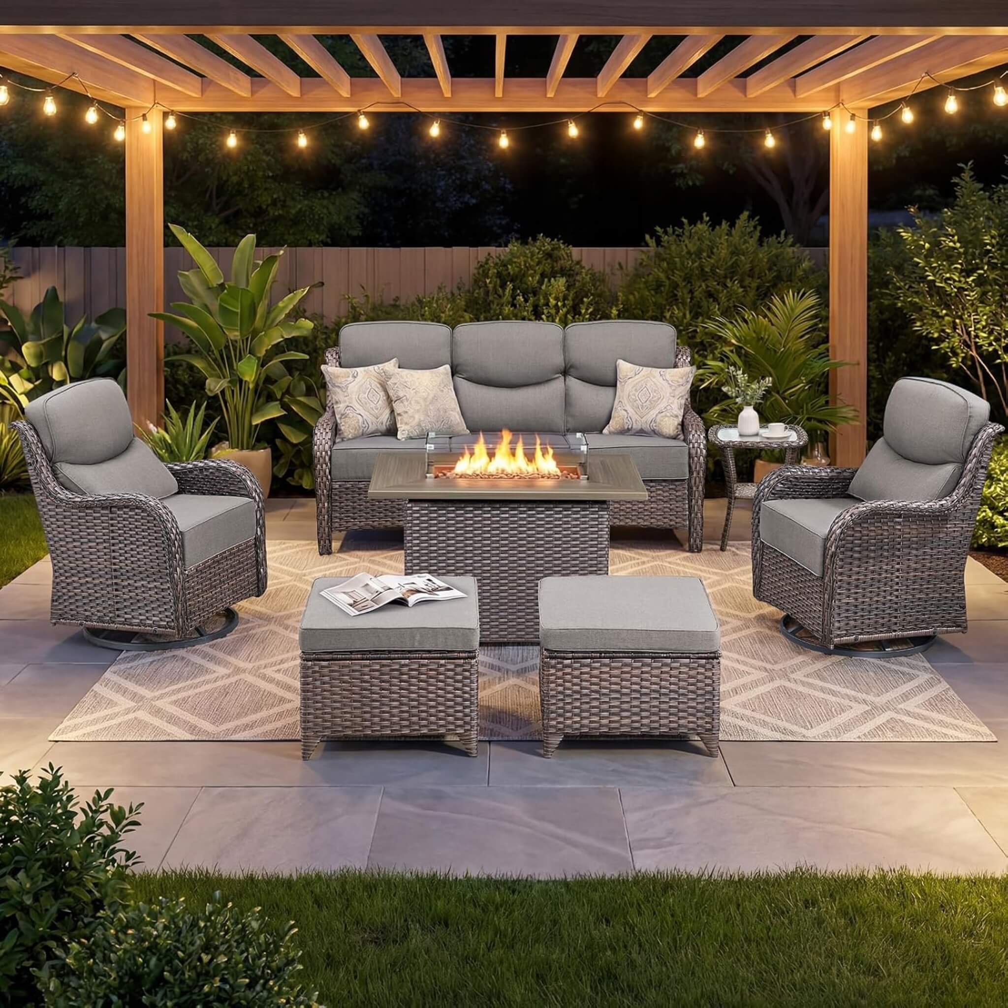 Alora Luxury 7-Piece Outdoor Patio Furniture Set With Fire Pit Table