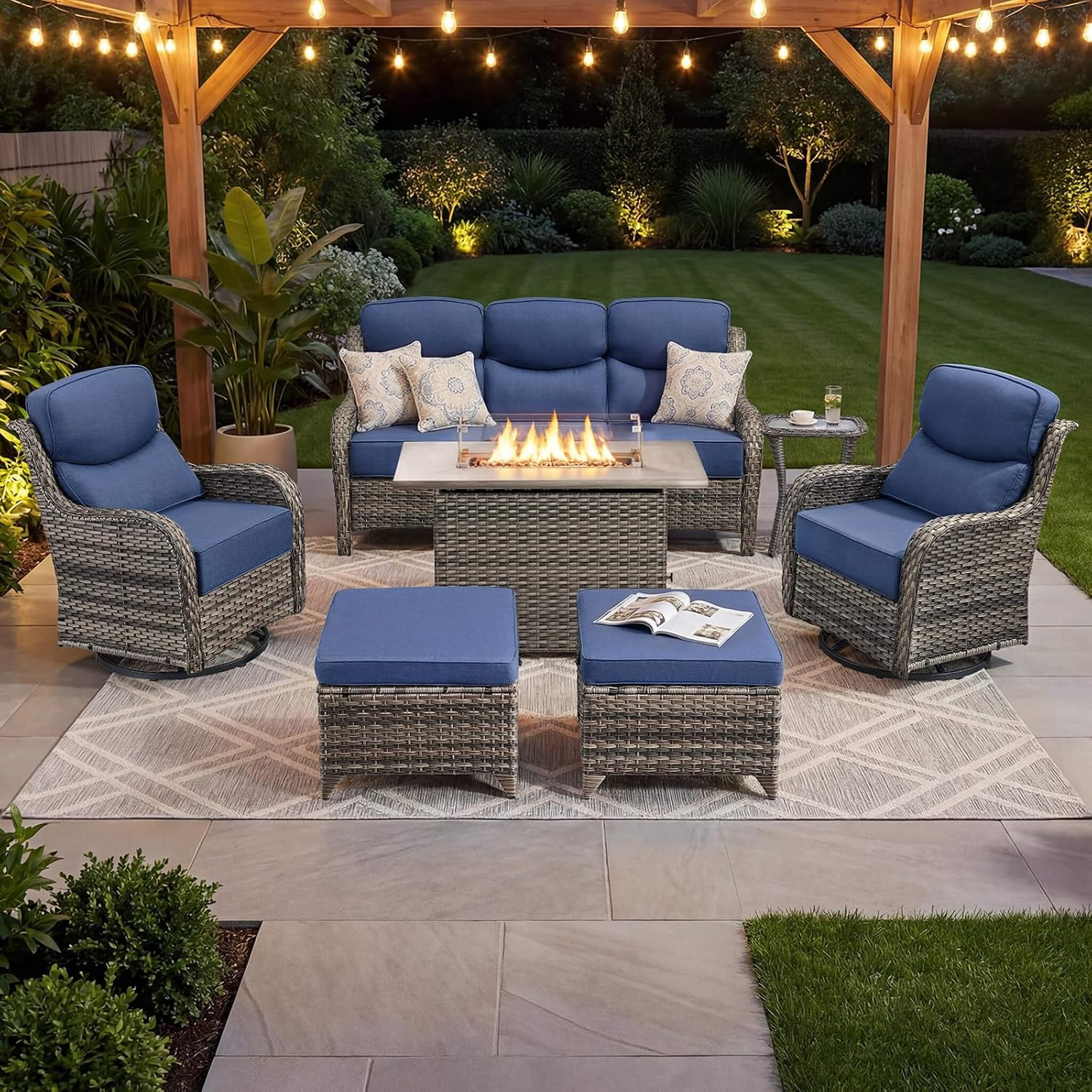Alora Luxury 7-Piece Outdoor Patio Furniture Set With Fire Pit Table