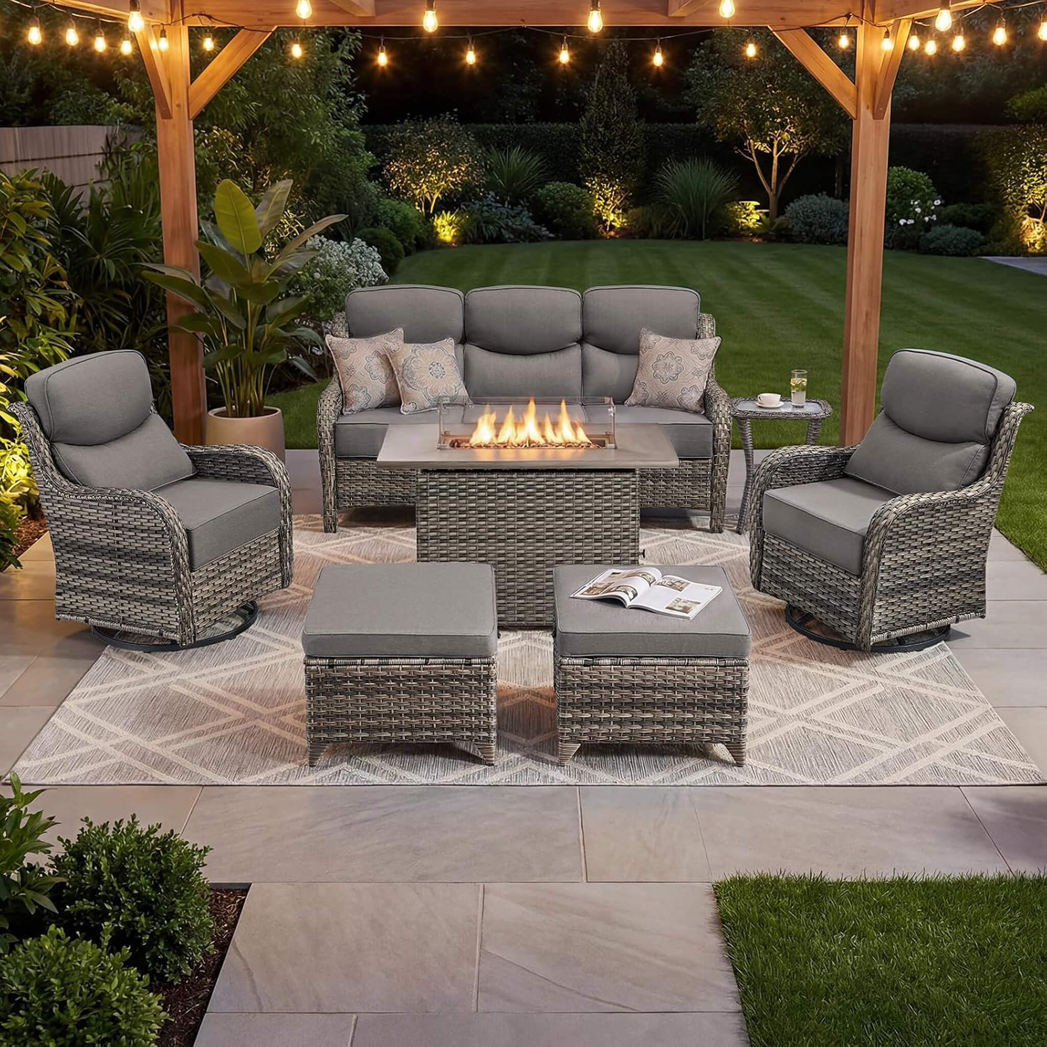 Alora Luxury 7-Piece Outdoor Patio Furniture Set With Fire Pit Table
