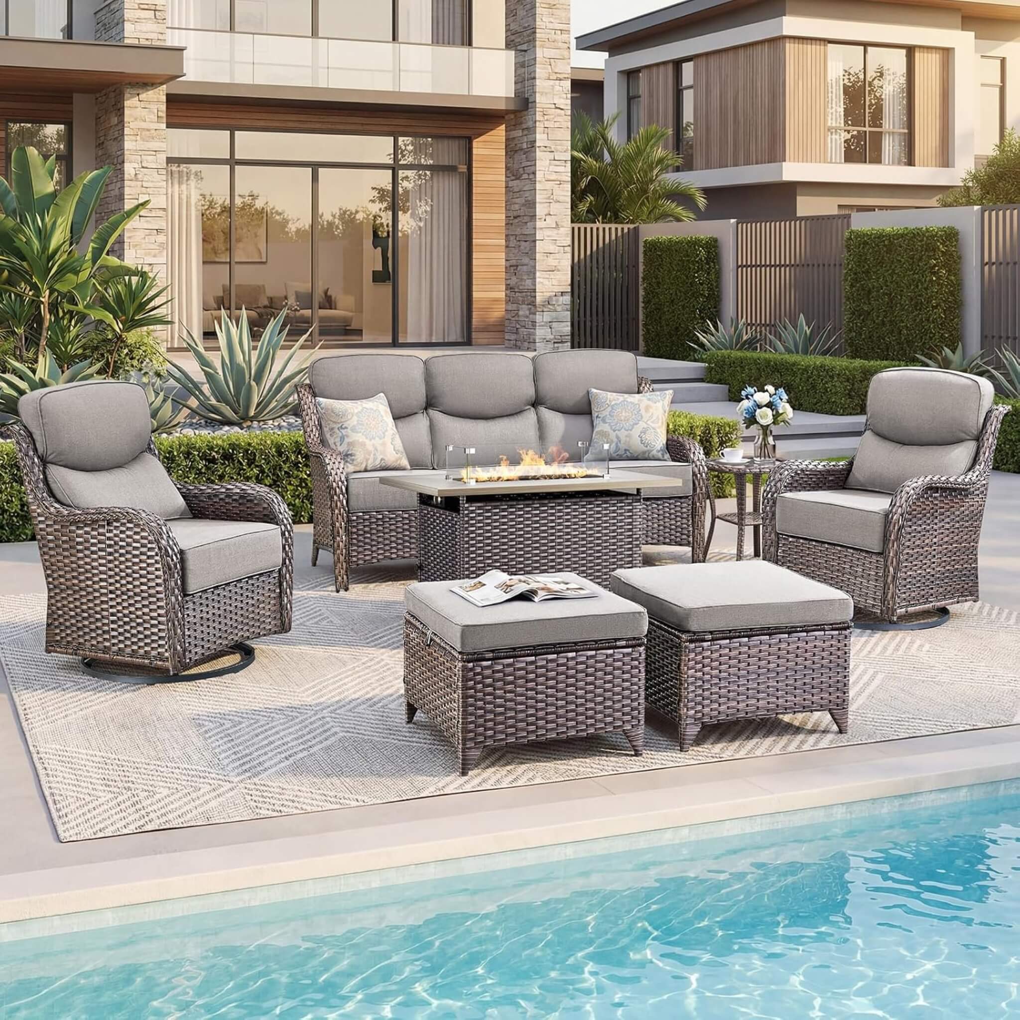Alora Luxury 7-Piece Outdoor Patio Furniture Set With Fire Pit Table