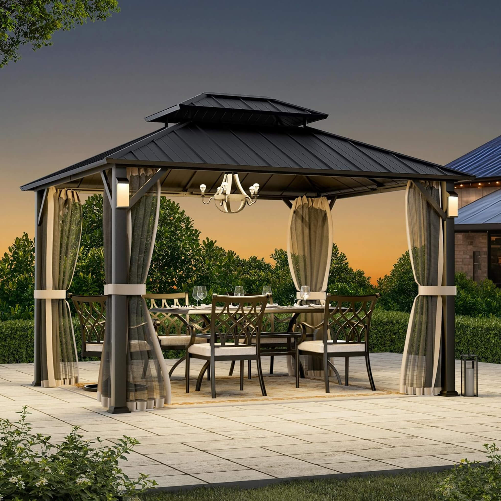Alora Luxury Double Roof Hardtop Aluminum Gazebo With Decor Hooks, Mosquito Nettings, And LED Lights (SAK91824)