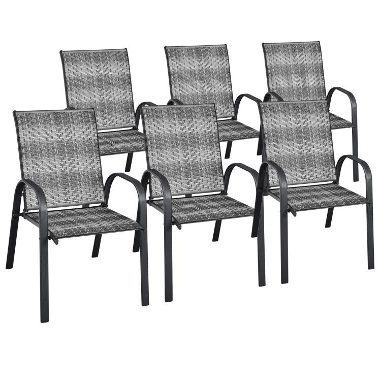 Set of 6 Outdoor PE Wicker Stackable Chairs with Sturdy Steel Frame-Gray