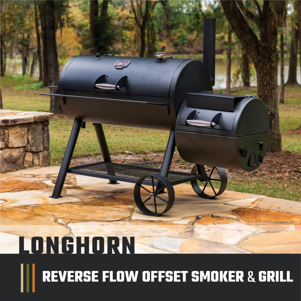 Longhorn Reverse Flow Offset Charcoal Smoker and Grill with 1060 sq. in. Cooking Area in Black