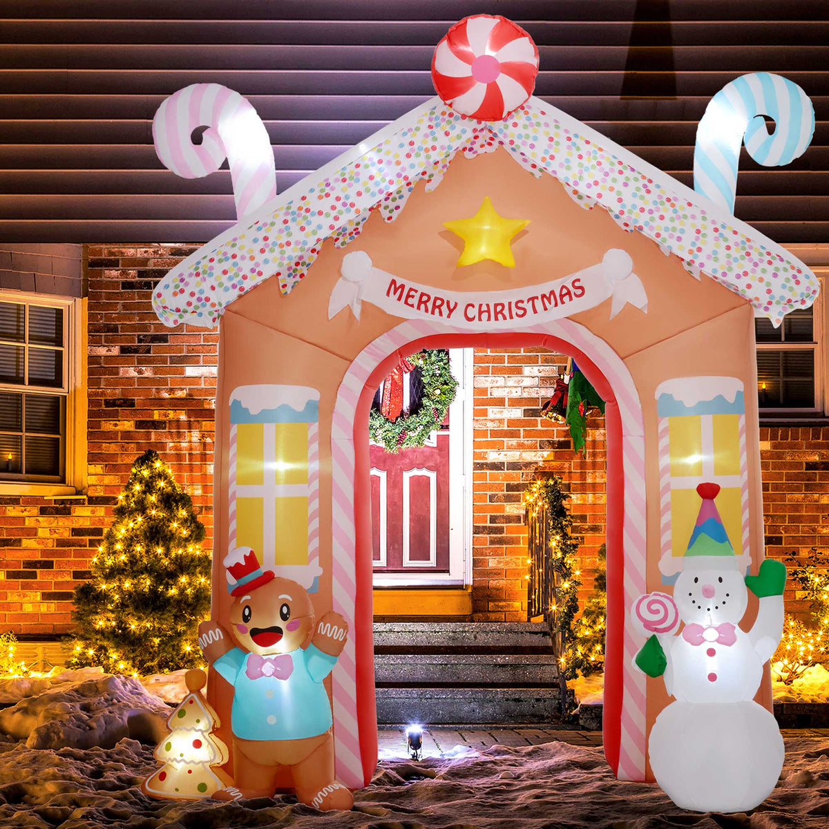 Outsunny 10FT Christmas Inflatable Gingerbread House Archway, Giant Christmas Inflatables, Huge Blow Up Christmas Decorations with LED Lights for Indoor, Outdoor, Yard, Party