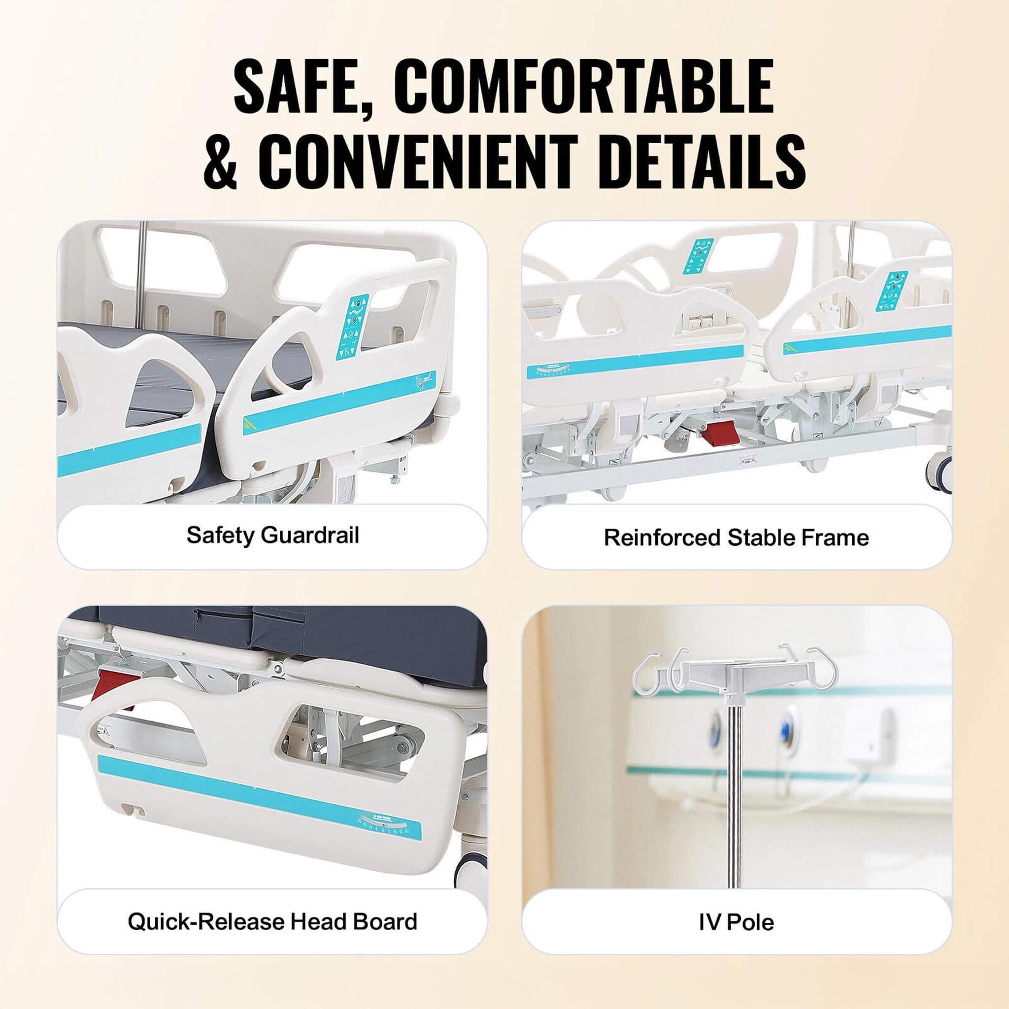 Premium 5-Function Electric Adjustable Medical Hospital Bed With Cardiac Position, 550LBS