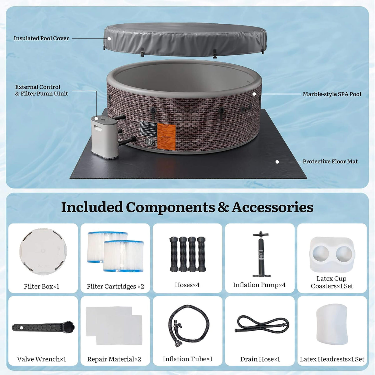 Premium 77-Inch Inflatable 6-Person Drop-Stitch Hot Tub W/ 180 Massage Jets