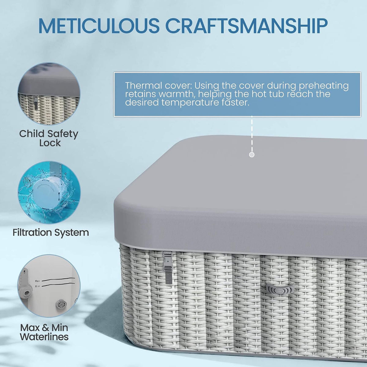 Premium 73-Inch Portable 6-Person Inflatable Square Hot Tub W/ 130 Massage Jets And 6 Filter Cartridges