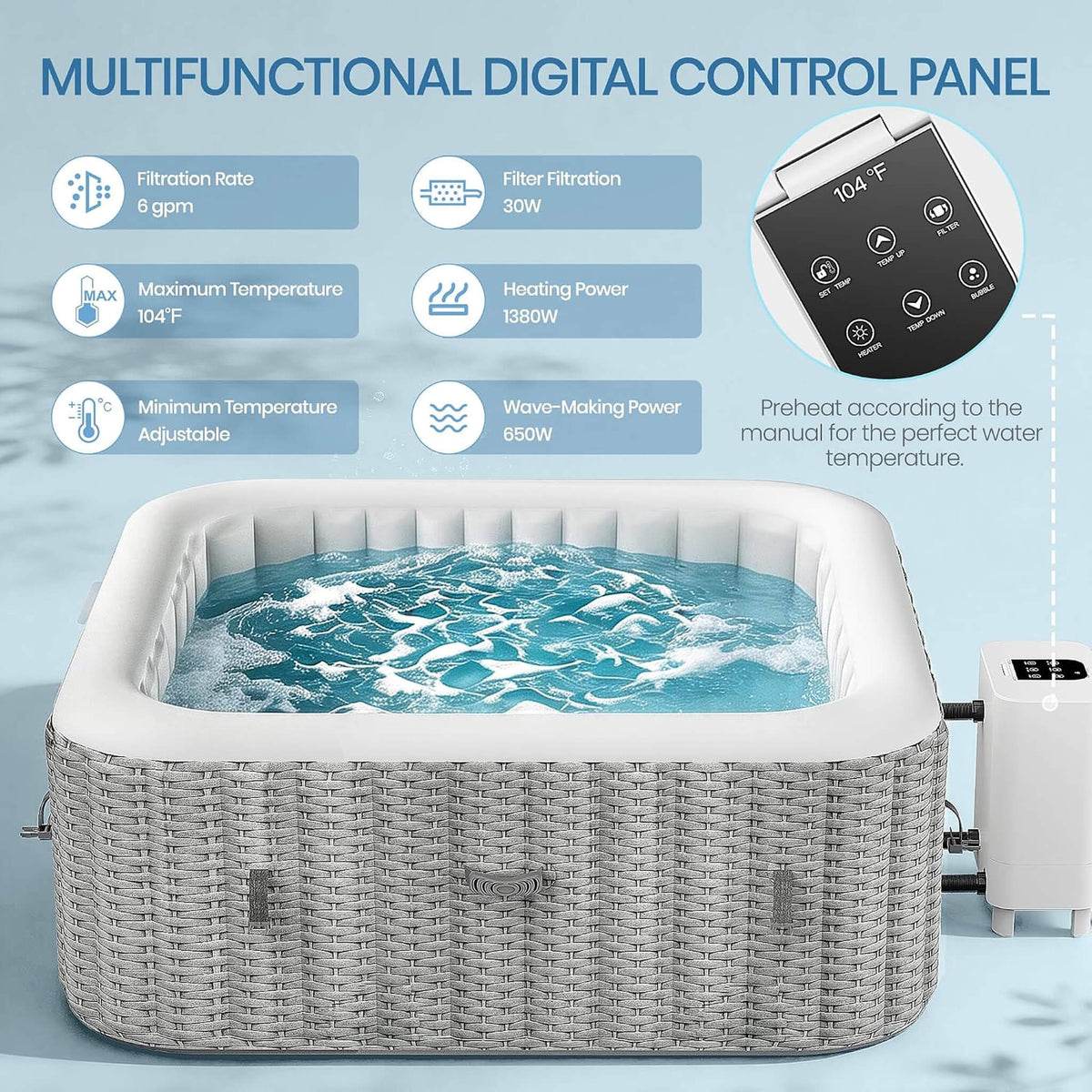 Premium 73-Inch Portable 6-Person Inflatable Square Hot Tub W/ 130 Massage Jets And 6 Filter Cartridges