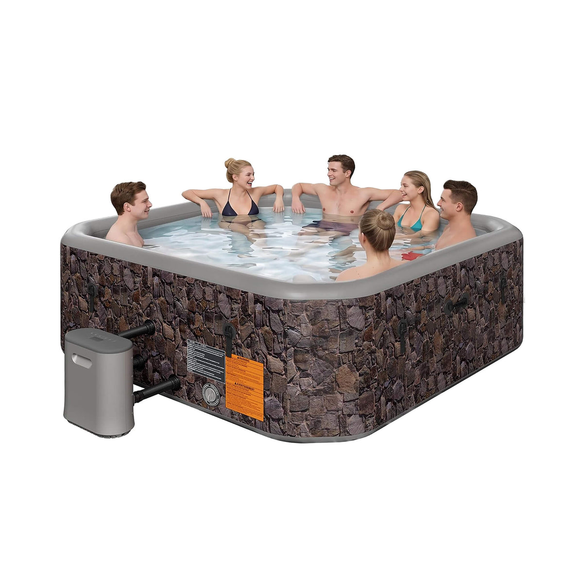 Premium 77-Inch Portable 6-Person Natural Stone Design Inflatable Square Hot Tub W/ 180 Massage Jets