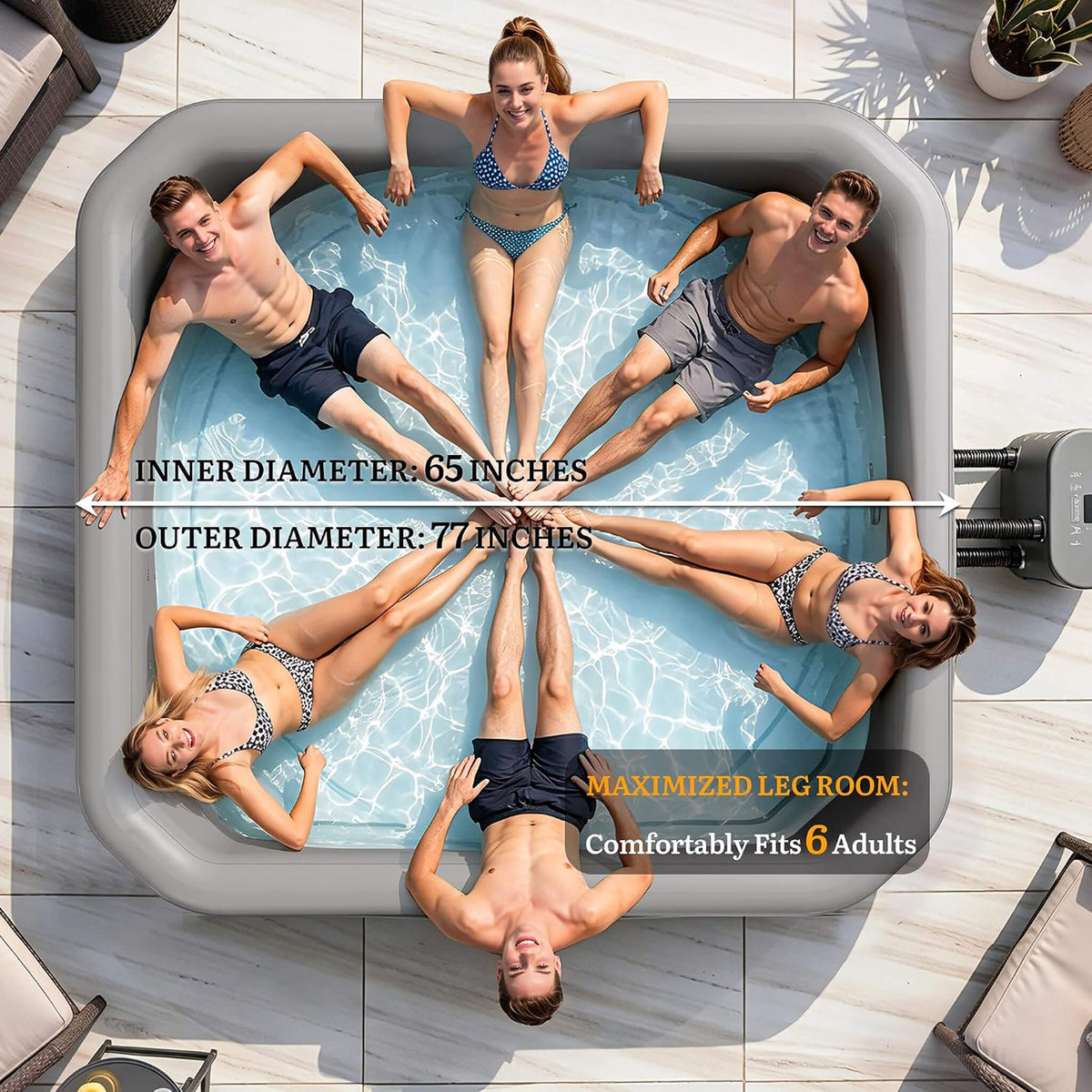Premium 77-Inch Portable 6-Person Natural Stone Design Inflatable Square Hot Tub W/ 180 Massage Jets