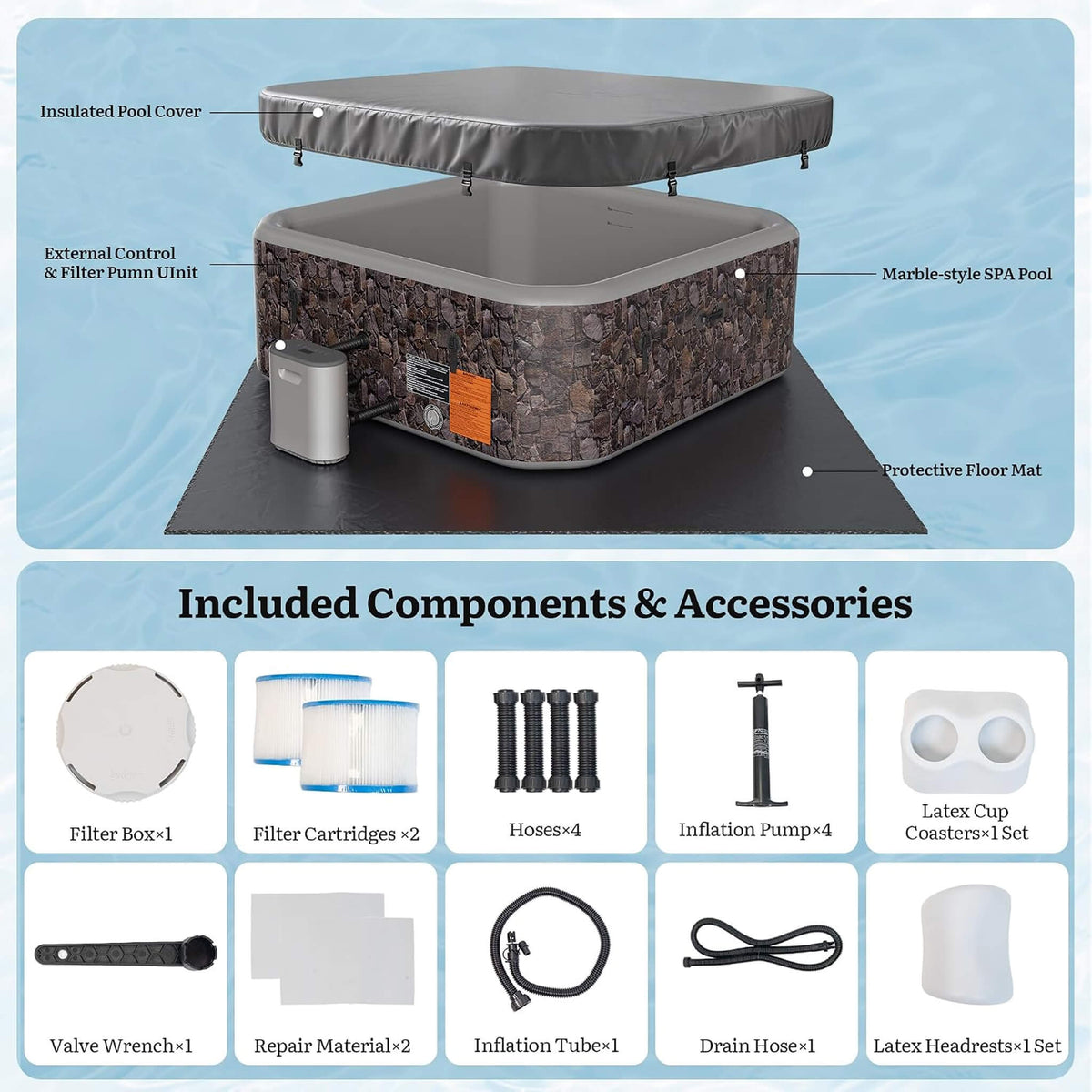 Premium 77-Inch Portable 6-Person Natural Stone Design Inflatable Square Hot Tub W/ 180 Massage Jets