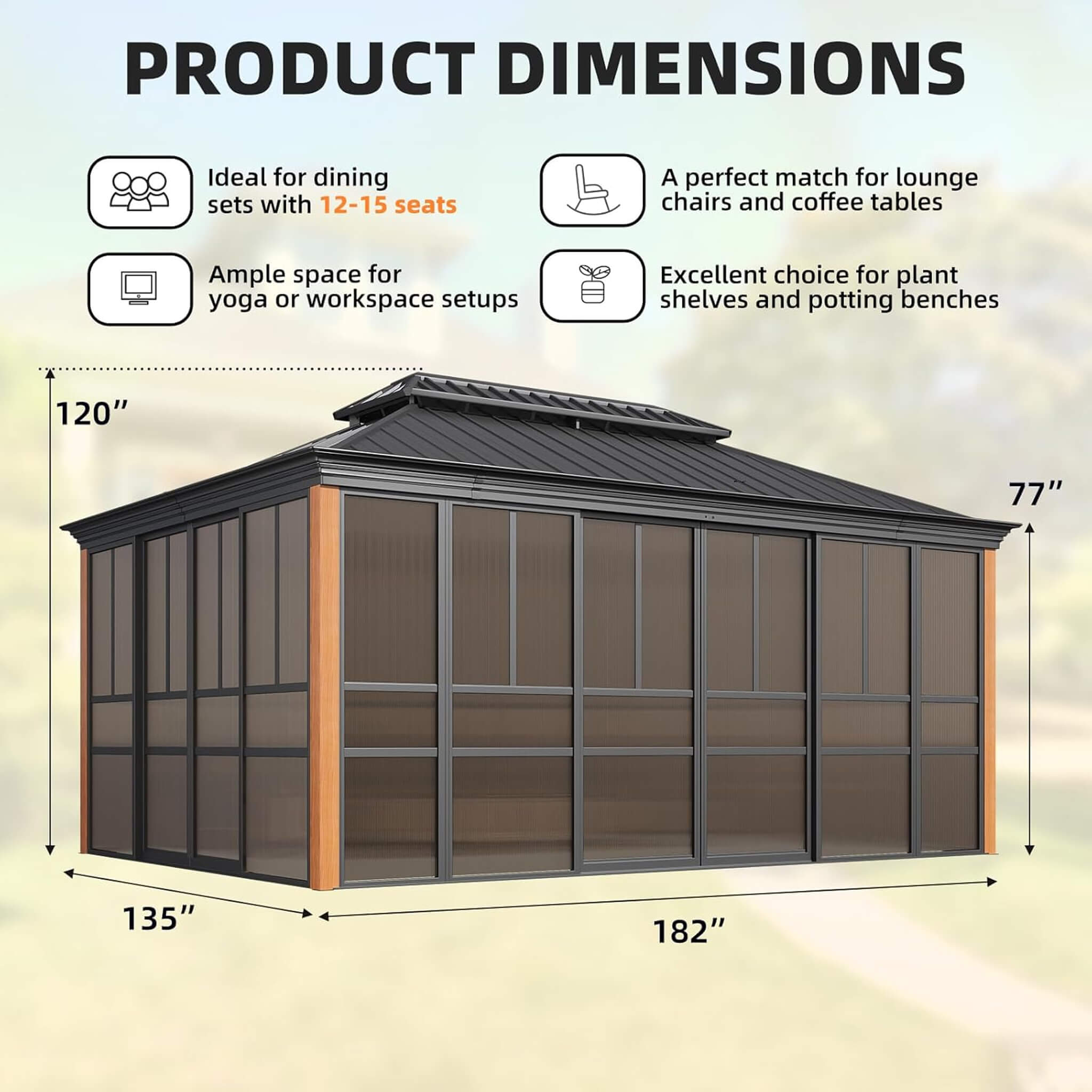 Alora Premium All-Season Outdoor Wood Grain Sunroom With Sliding Doors And Double Top Roof (SAK58317)