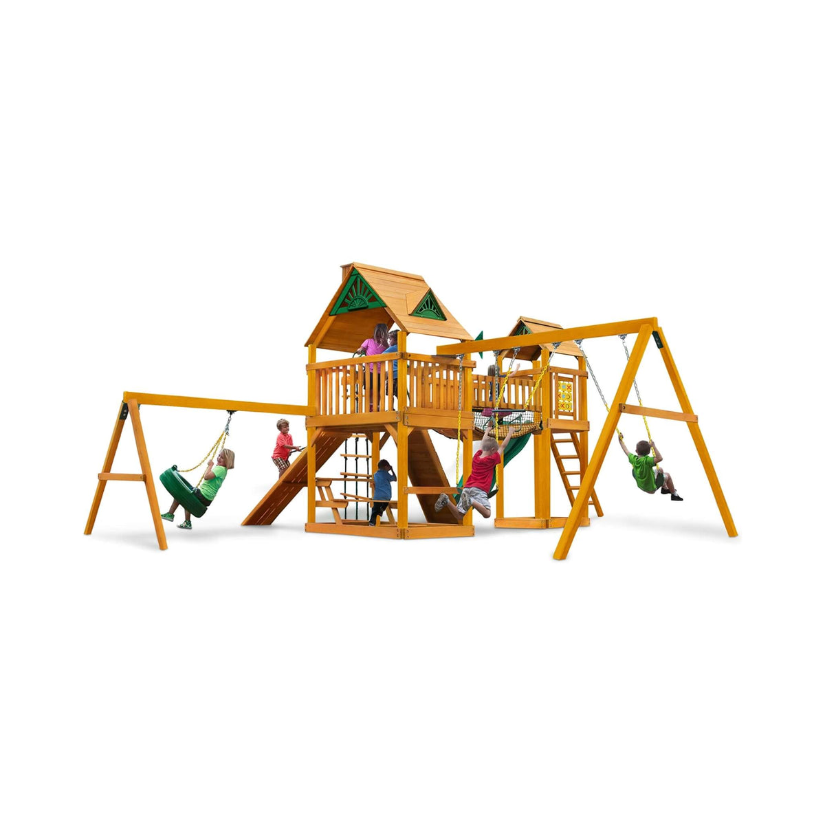 Premium Cedar Wood Swing Set With Tower Tire Swing Slide Ramp And Clatter Bridge