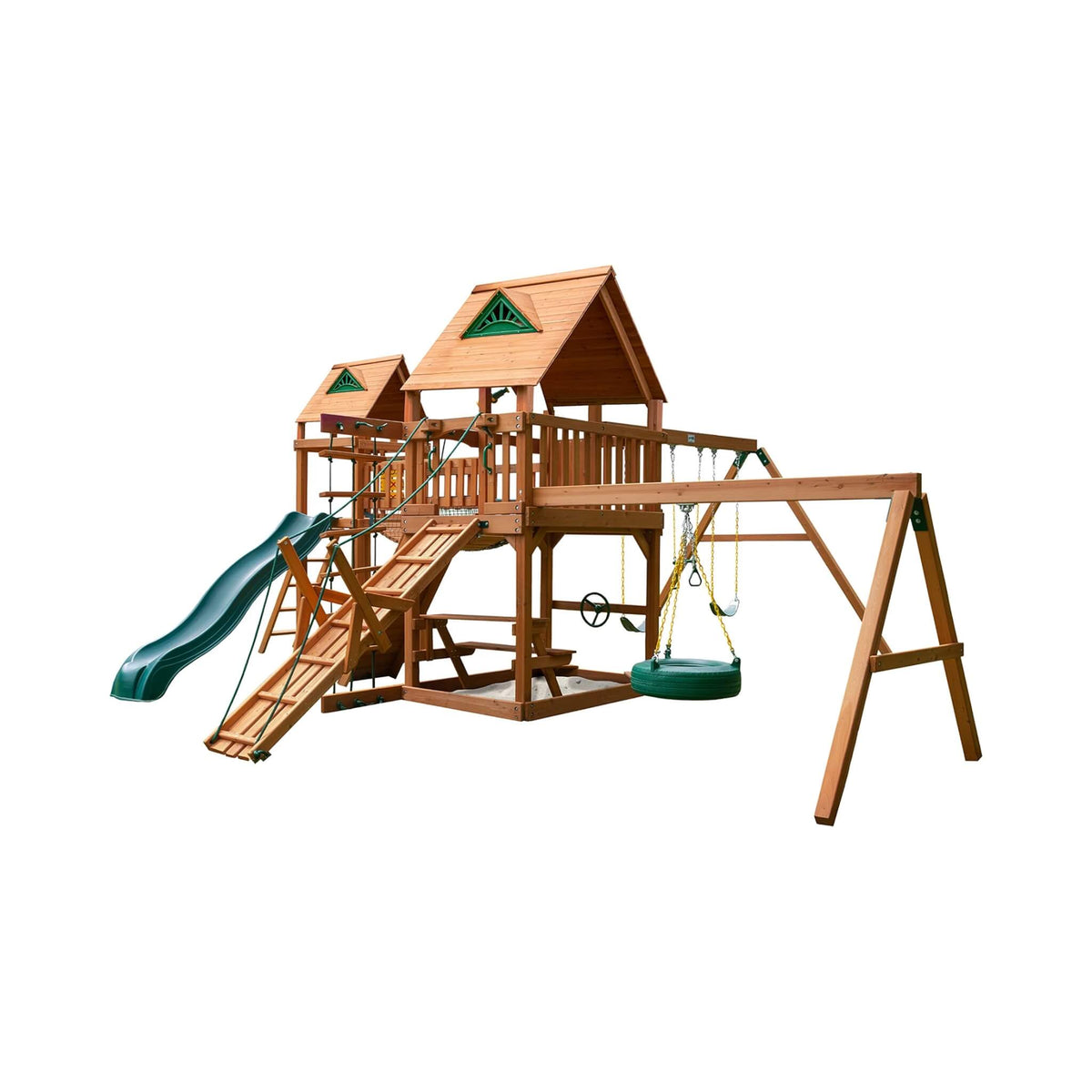 Premium Cedar Wood Swing Set With Tower Tire Swing Slide Ramp And Clatter Bridge