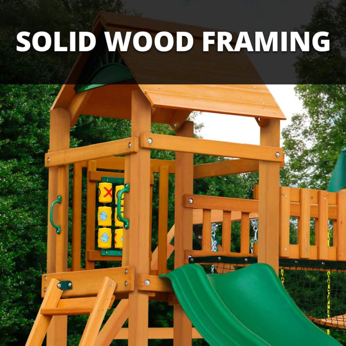 Premium Cedar Wood Swing Set With Tower Tire Swing Slide Ramp And Clatter Bridge