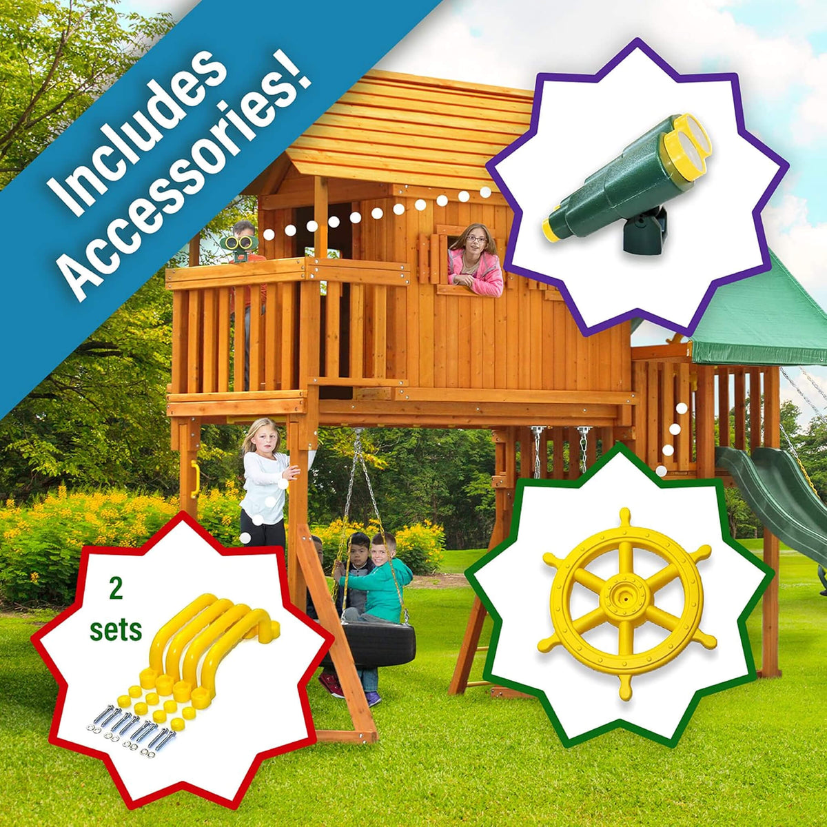 Premium Cedar Wood Tree House Swing Set With Built-In Covered Porch, Chimney, Monkey Bars And Slide