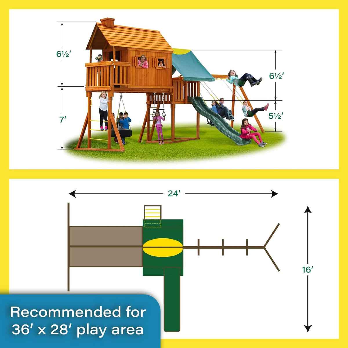 Premium Cedar Wood Tree House Swing Set With Built-In Covered Porch, Chimney, Monkey Bars And Slide