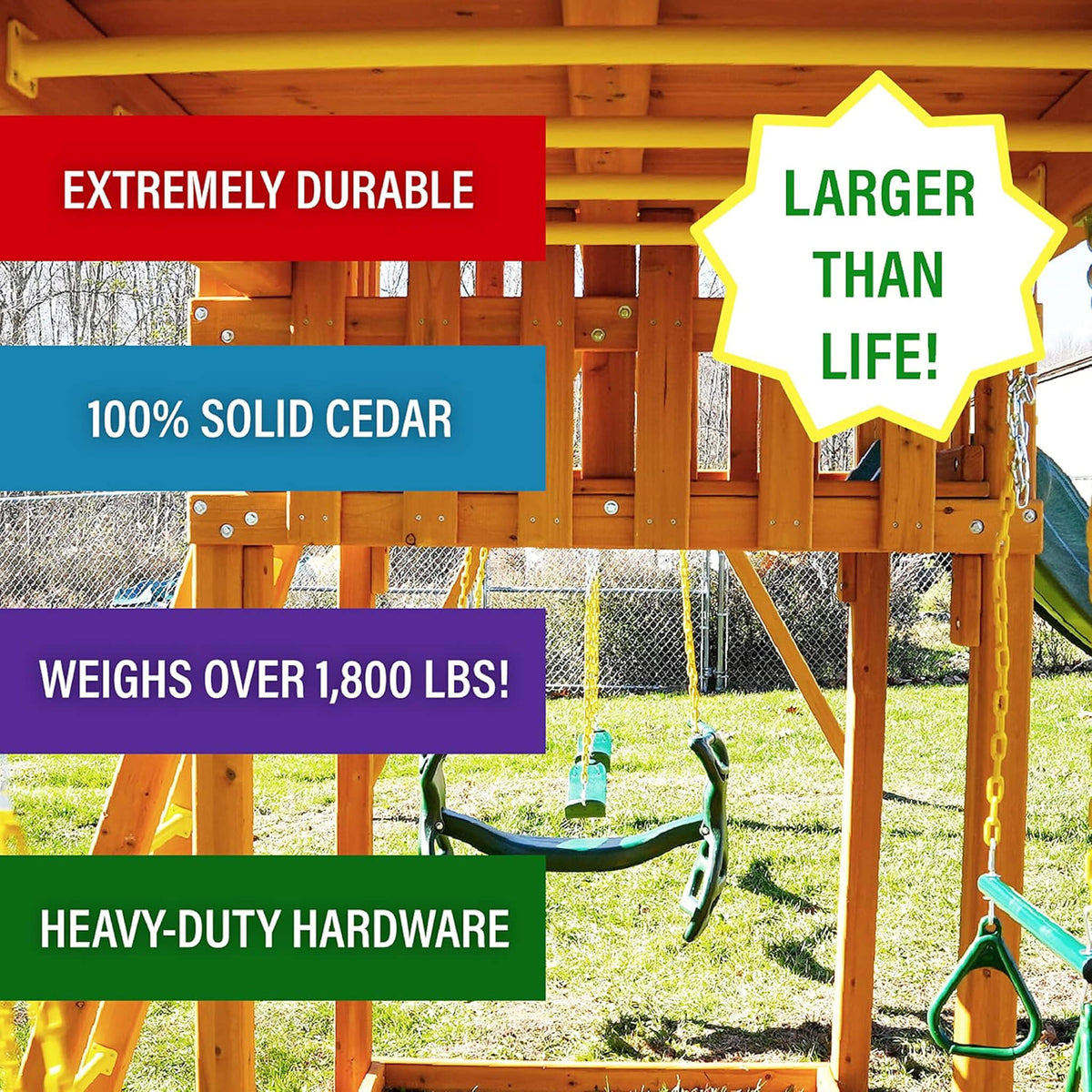 Premium Cedar Wood Tree House Swing Set With Clubhouse, Wave Slide And Spiral Slide