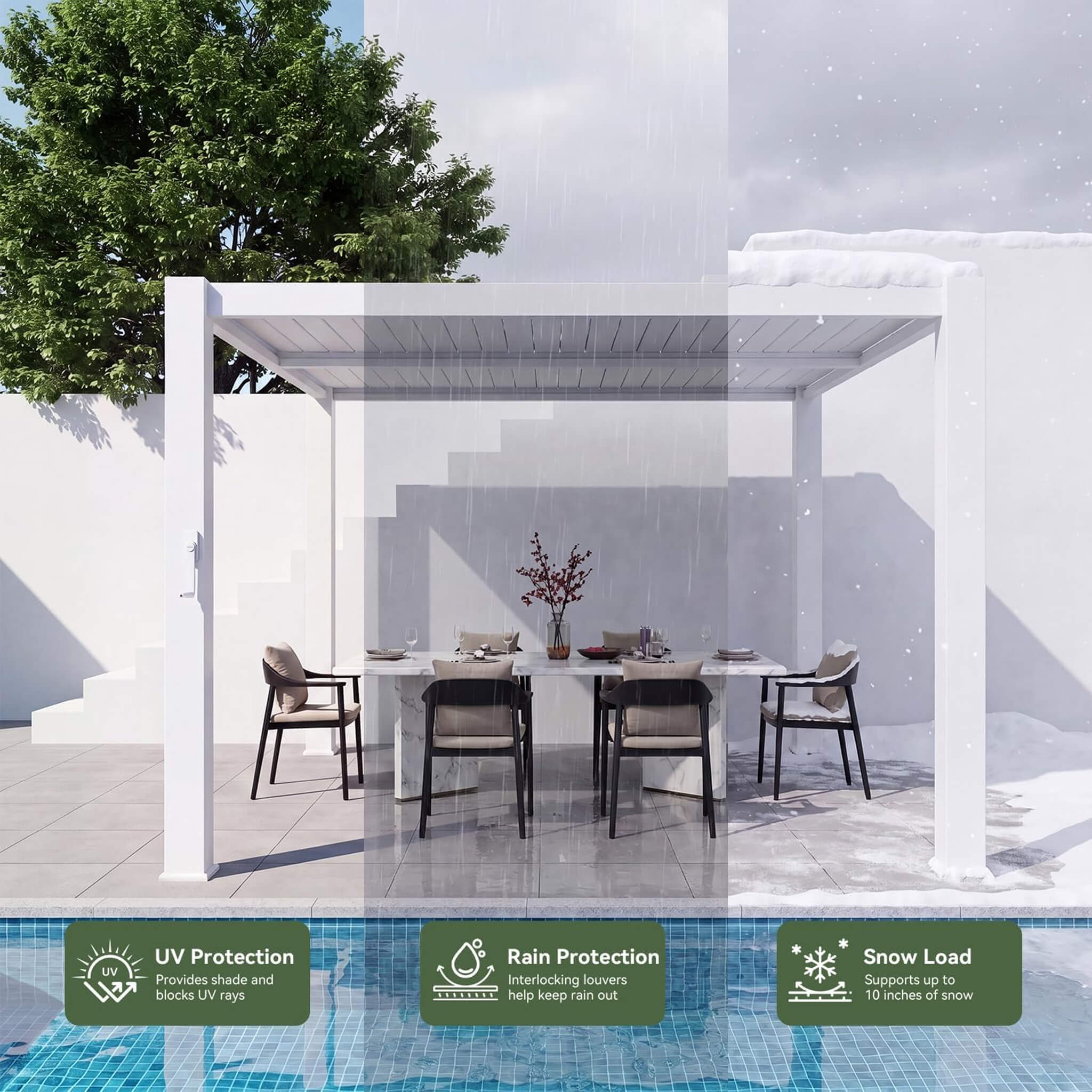 Outdoor Metal Pergola with Adjustable Louvered Roof and Built-In Drainage System