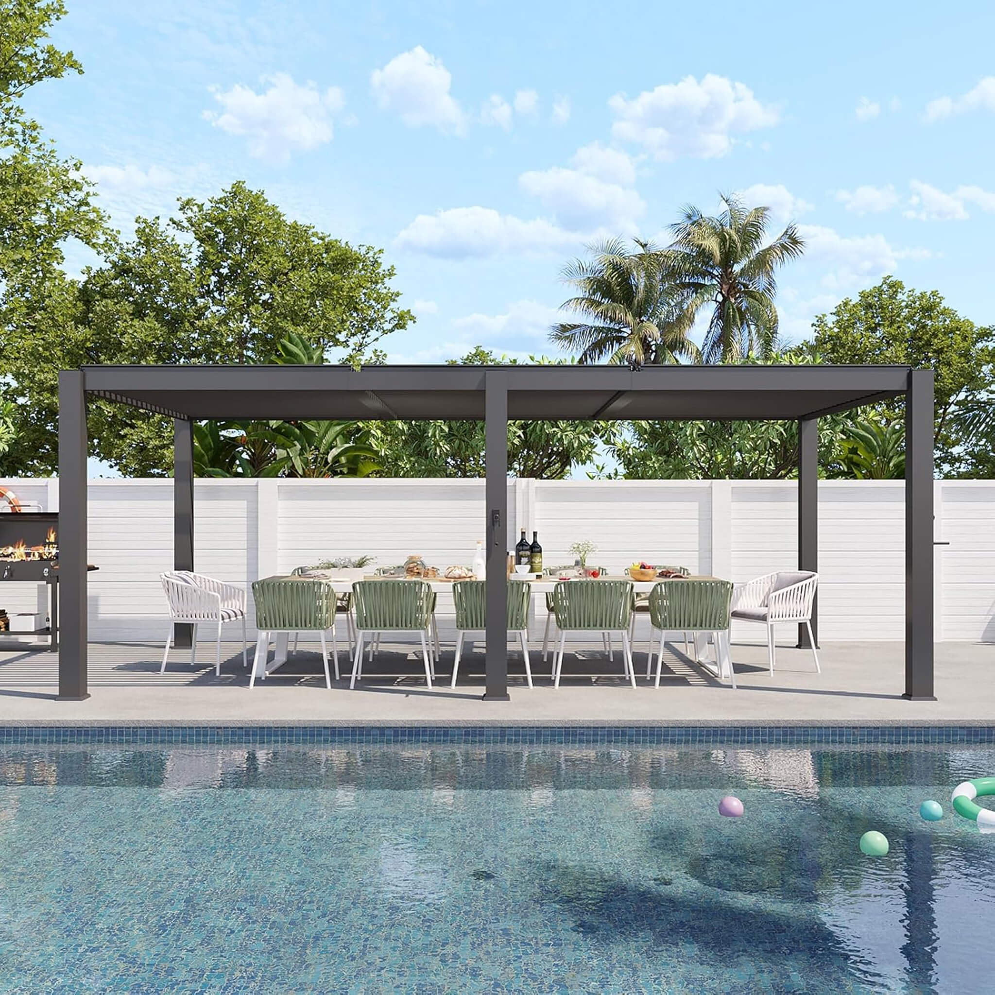 Alora Premium Gray Outdoor Metal Pergola With Louvered Roof And Drainage System