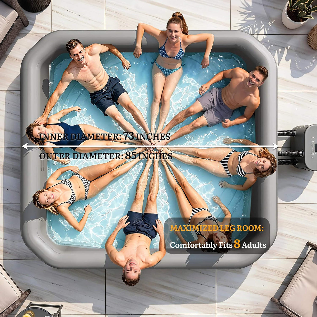 Premium 85-Inch Portable 8-Person Classic Rattan Design Inflatable Square Hot Tub With 220 Massage Jets