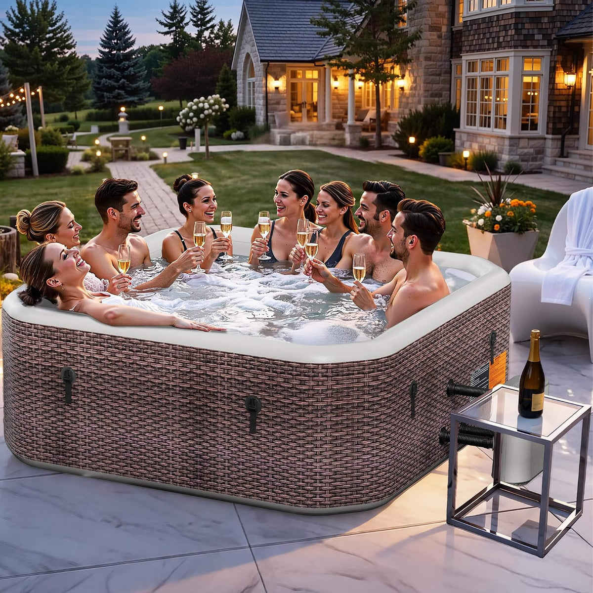 Premium 85-Inch Portable 8-Person Classic Rattan Design Inflatable Square Hot Tub With 220 Massage Jets