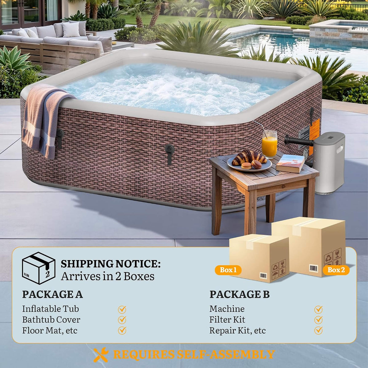 Premium 85-Inch Portable 8-Person Classic Rattan Design Inflatable Square Hot Tub With 220 Massage Jets