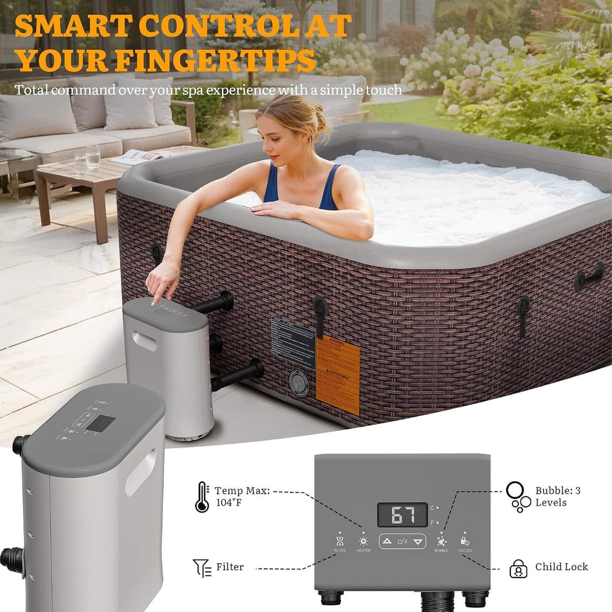 Premium 85-Inch Portable 8-Person Classic Rattan Design Inflatable Square Hot Tub With 220 Massage Jets
