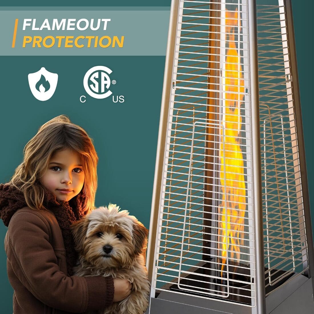 Pamapic 48,000 BTU Pyramid Flame Patio Propane Heater with Glass Tube & Cover - Commercial & Residential