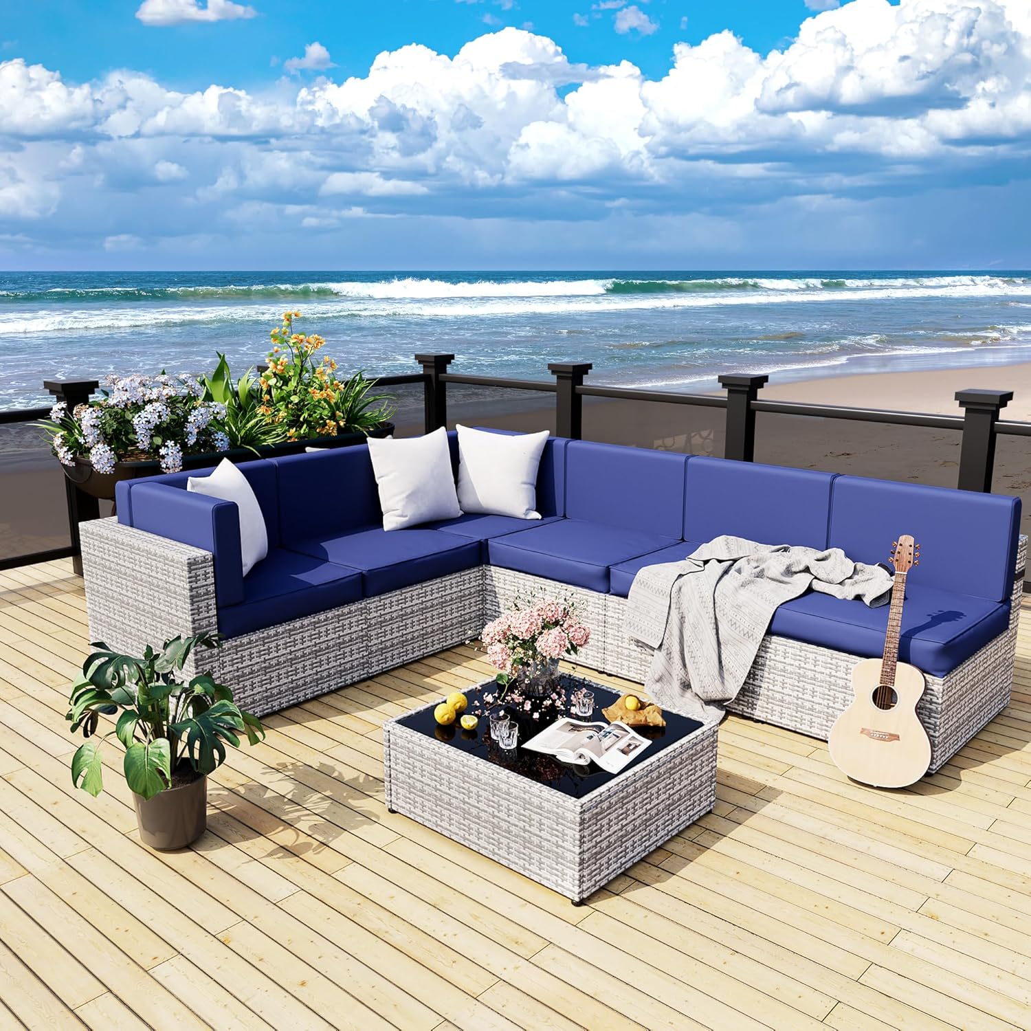 Pamapic Rattan Outdoor Sectional Couch Set (7 Pieces)